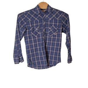 Wrangler Wrancher Pearl Snap Blue‎ Plaid Western Shirt Size Men's Medium